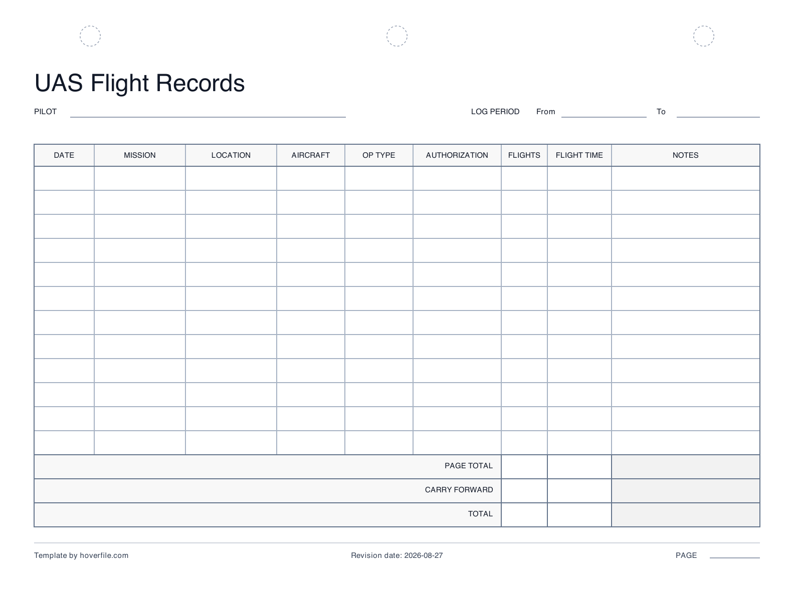 Printable UAS flight-record page with columns for mission, location, aircraft, authorization, flights, flight time, and notes.